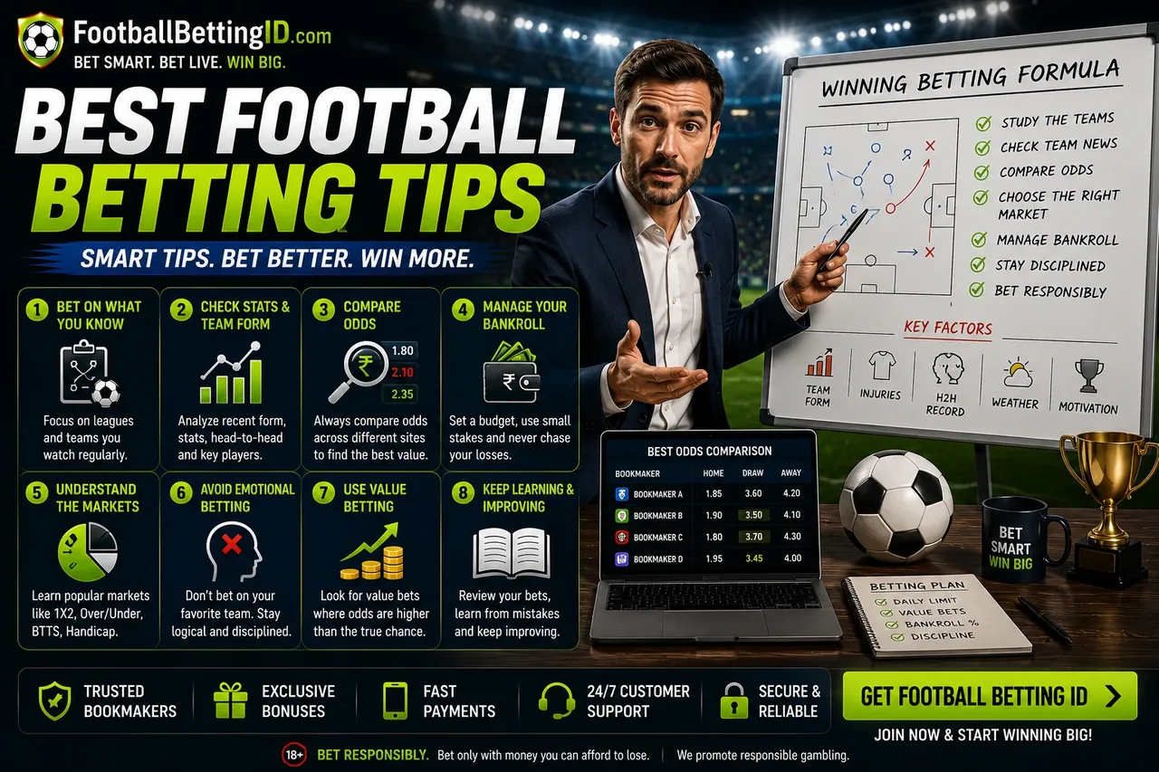 Best football betting tips infographic showing 8 essential tips including bet on what you know, check stats and team form, compare odds and manage bankroll