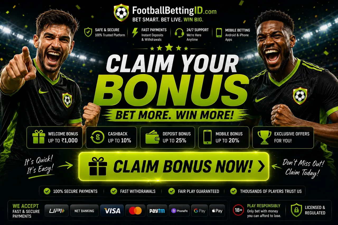Claim your football betting bonus banner with welcome bonus, cashback, deposit bonus and mobile bonus tiles