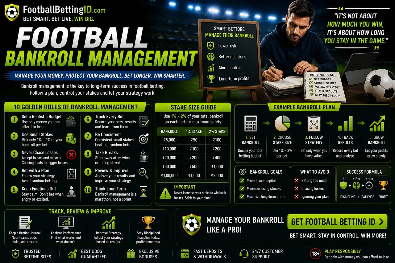 Football bankroll management infographic with 10 golden rules, 1-2% stake size guide and example bankroll plan