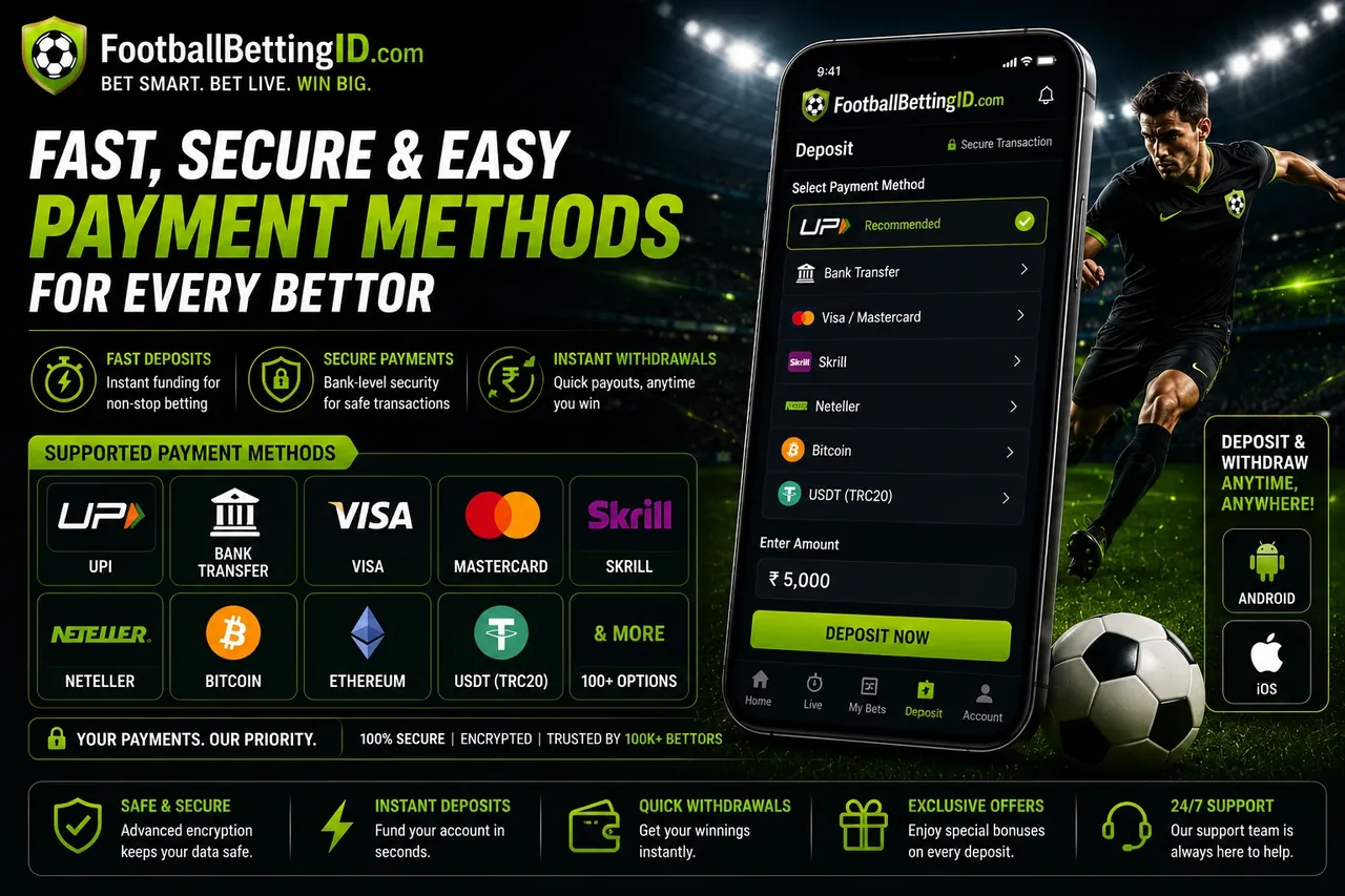 Football betting app payment methods including UPI, bank transfer, Visa, Mastercard, Skrill, Neteller, Bitcoin, Ethereum and USDT