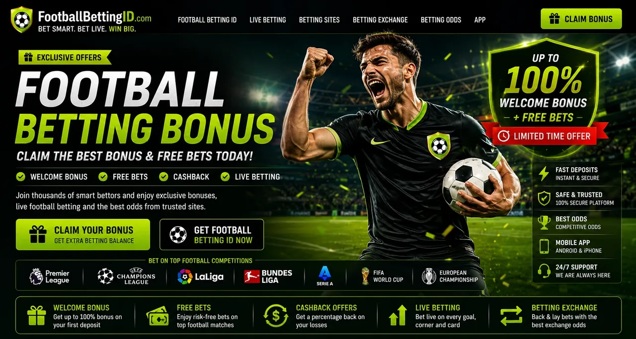 Football betting bonus hero banner — claim 100% welcome bonus and free bets on Premier League, Champions League and La Liga