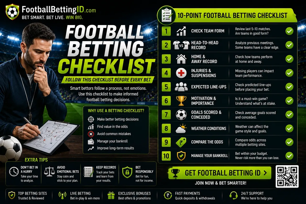 Football betting checklist infographic with 10-point pre-bet checklist covering team form, head-to-head, injuries, lineups, motivation, goals, weather and odds comparison