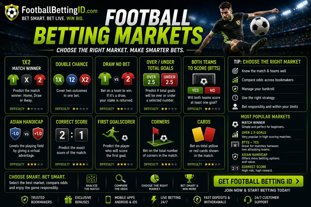 Football betting markets infographic explaining 1X2, double chance, draw no bet, over/under, BTTS, Asian handicap, correct score and corners with difficulty levels