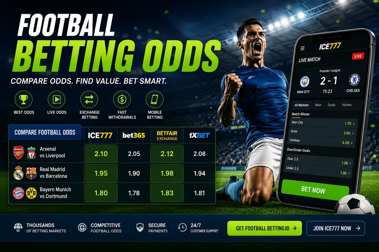 Football betting odds comparison on ICE777 showing Arsenal vs Liverpool, Real Madrid vs Barcelona match odds