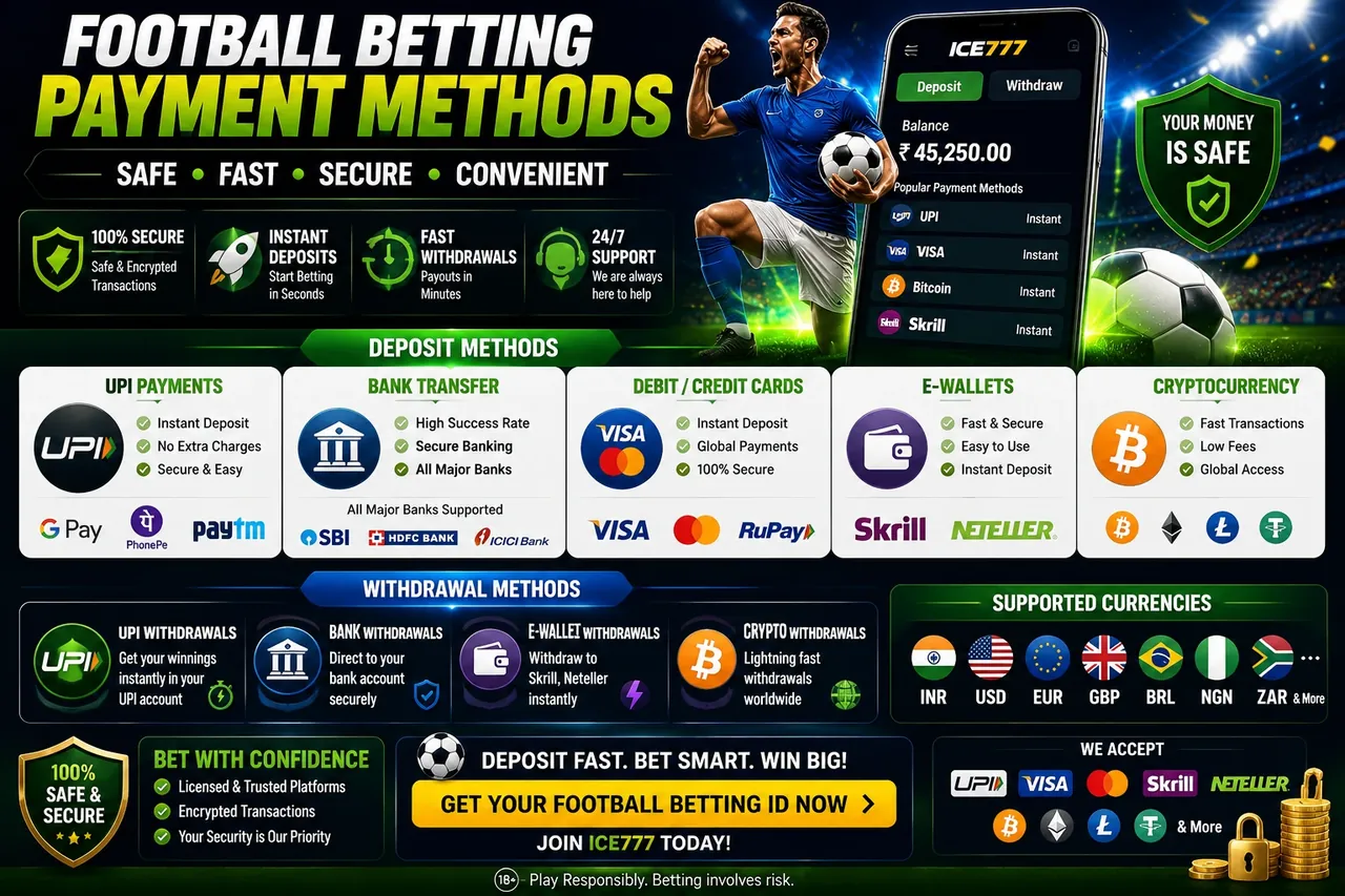 Football betting payment methods and withdrawals: UPI, bank, Visa, Mastercard, Skrill, Neteller and crypto