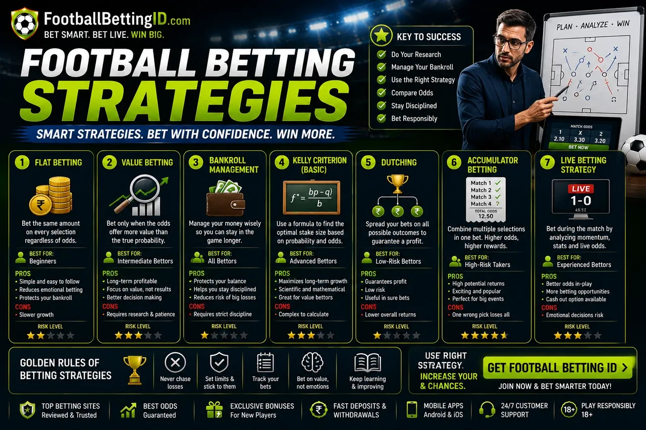 Football betting strategies infographic showing 7 strategies: flat betting, value betting, bankroll management, Kelly criterion, Dutching, accumulator and live betting