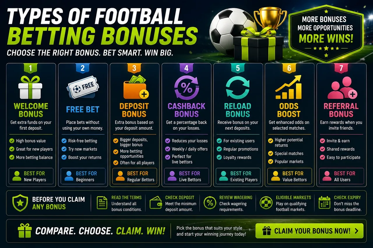 Types of football betting bonuses infographic showing welcome, free bet, deposit, cashback, reload, odds boost and referral bonuses