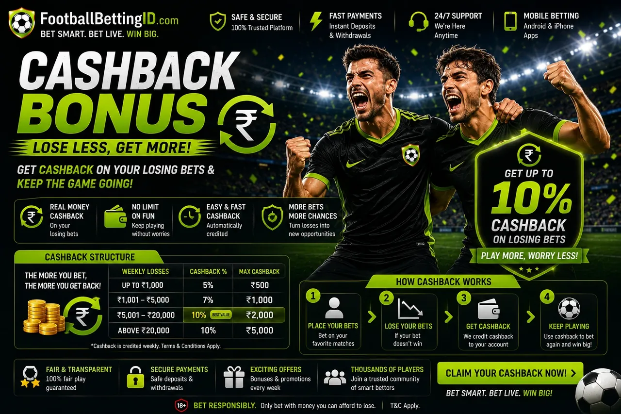 Football cashback bonus banner showing up to 10% cashback on losing bets with weekly tiered structure