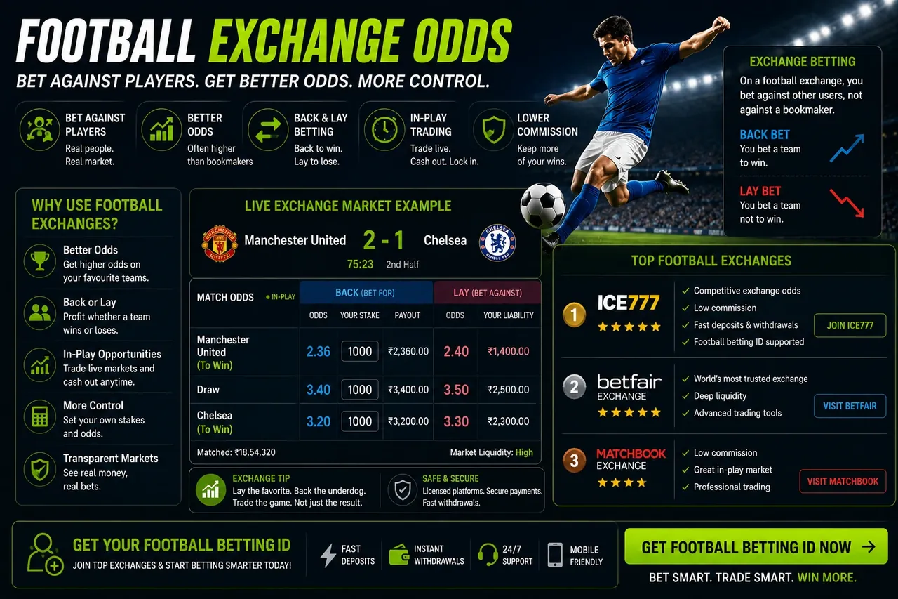 Football exchange odds with back and lay prices for Manchester United vs Chelsea and top football exchanges