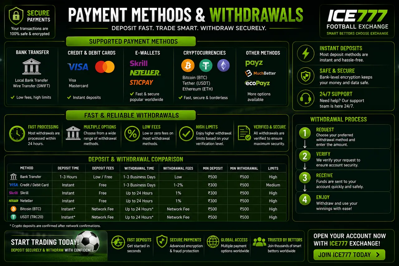 Football exchange payment methods and withdrawals: bank transfer, Visa, Mastercard, Skrill, Neteller and cryptocurrency