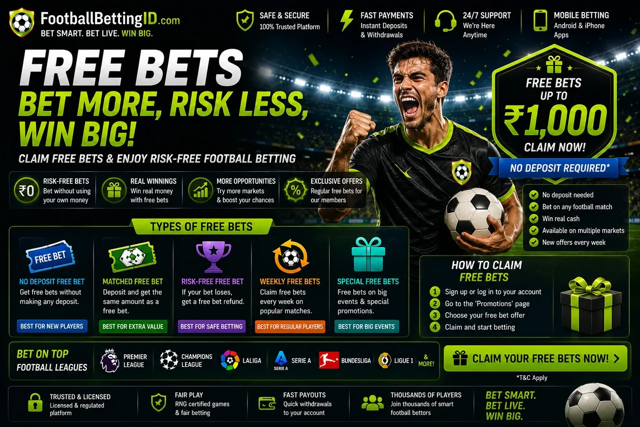 Football free bets banner showing free bets up to ₹1,000 with no deposit and multiple free-bet types