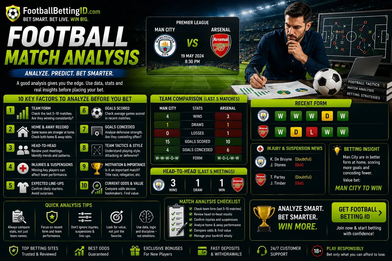 Football match analysis dashboard showing Man City vs Arsenal team comparison, recent form W-W-W-D-W, head-to-head record and injury news