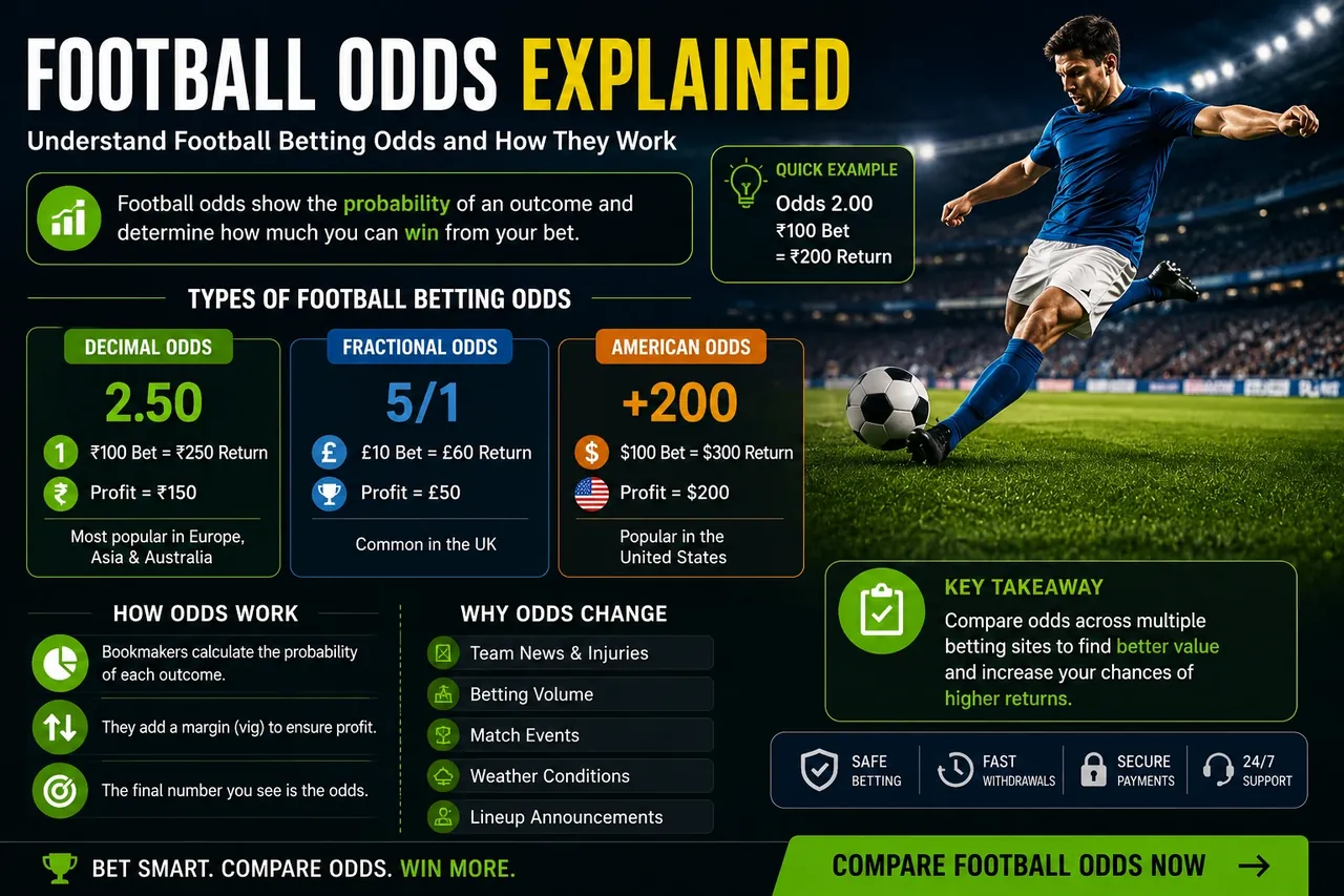 Football odds explained infographic showing decimal, fractional and American odds and how bookmakers set them