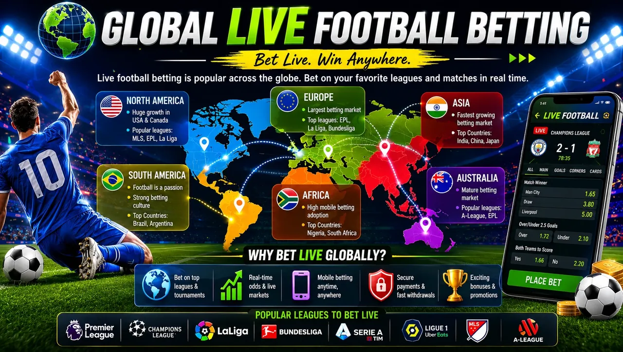 Global live football betting map showing popular betting markets in Europe, Asia, Africa, and the Americas