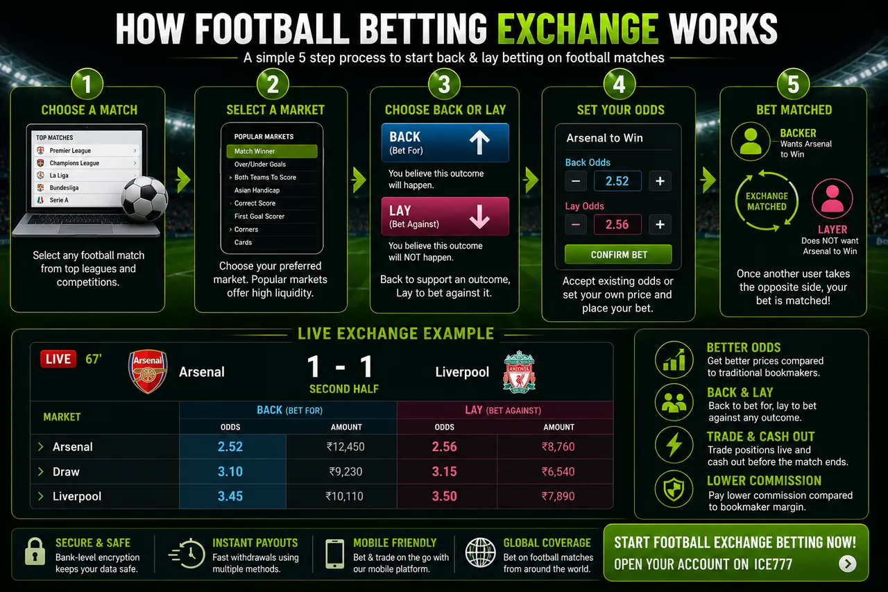 How football betting exchange works in five steps: choose a match, select a market, back or lay, set odds, bet matched
