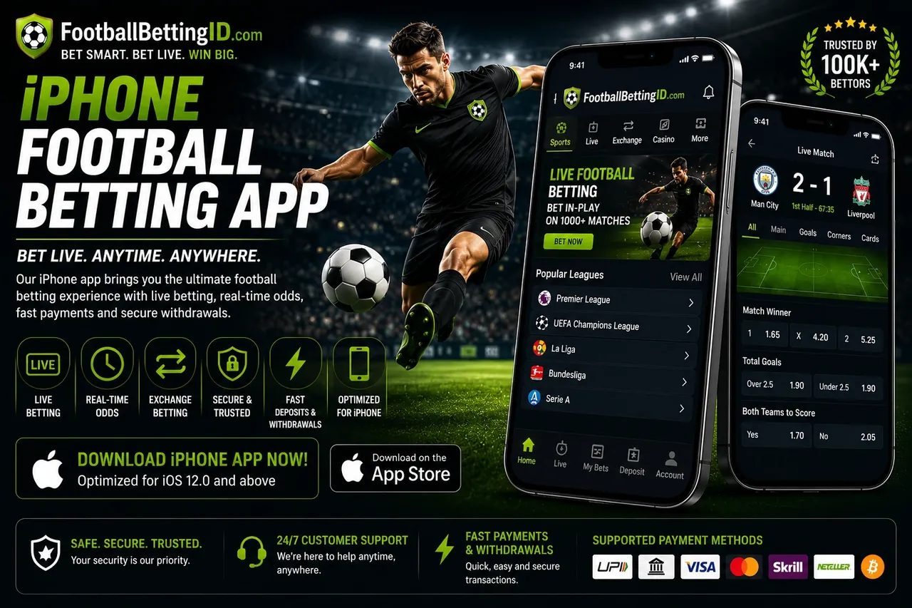 iPhone football betting app displaying live football betting, match tracker and match winner markets on iOS App Store