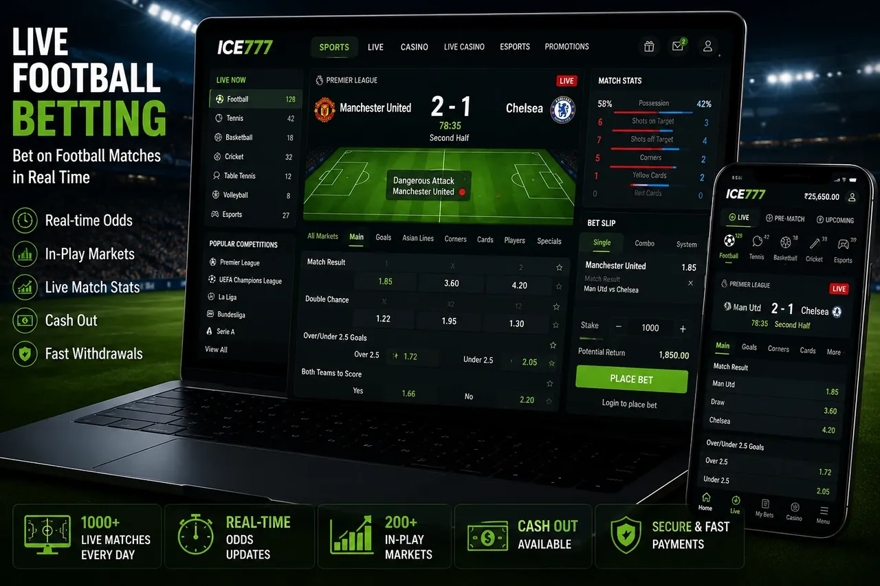 ICE777 live football betting dashboard on laptop and mobile showing real-time odds and in-play markets