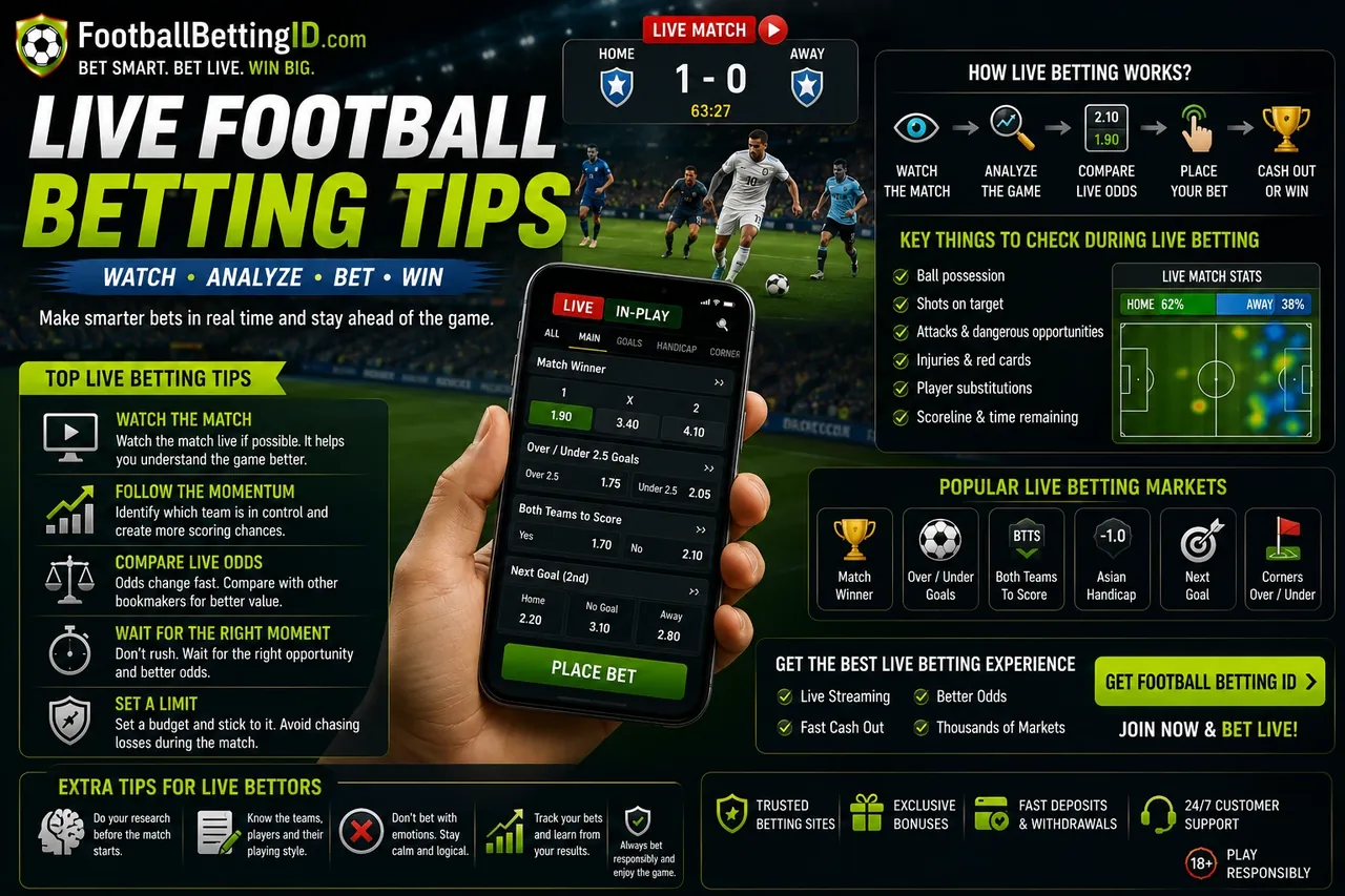 Live football betting tips infographic showing how live betting works with match tracking, live odds comparison and popular in-play markets