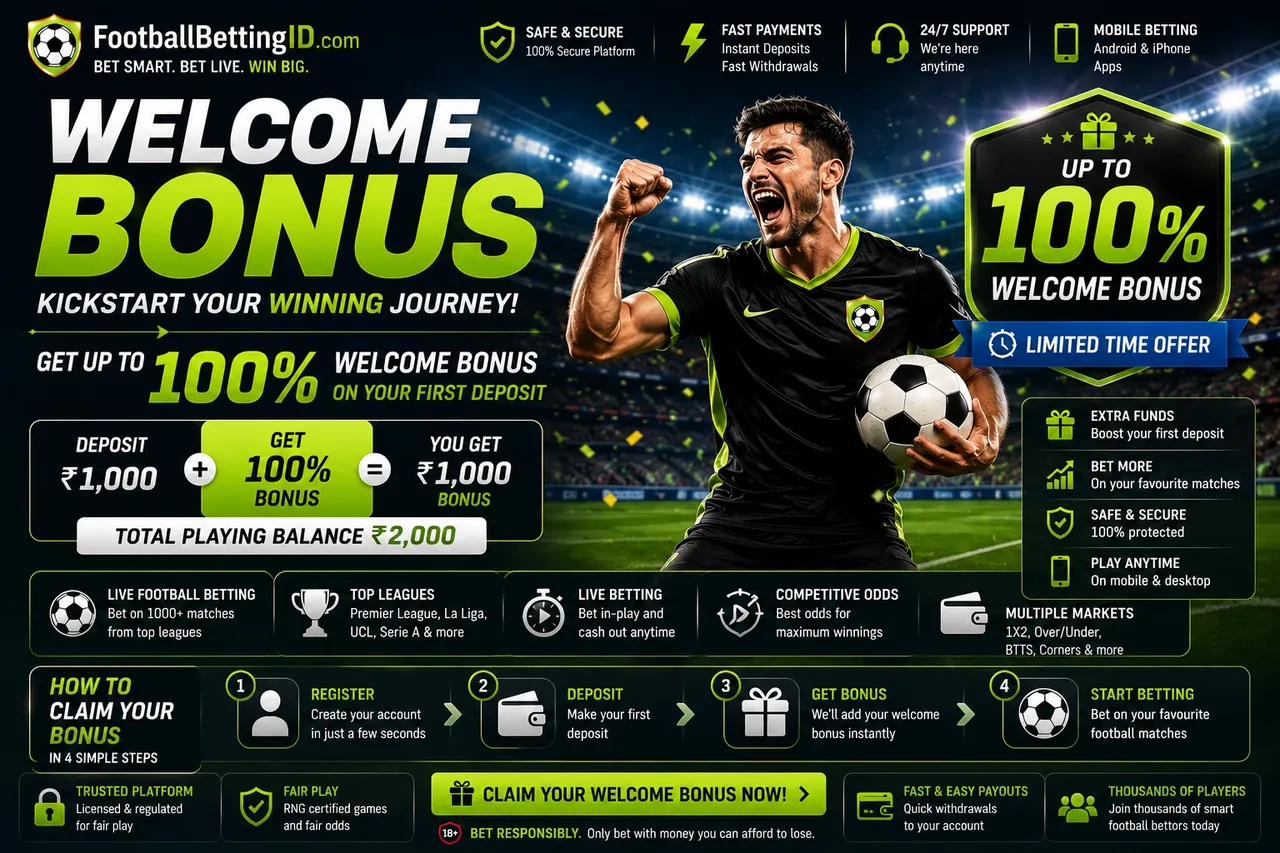 Welcome football bonus banner showing 100% welcome bonus up to ₹1,000 on first deposit with claim steps